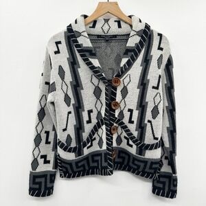 Peru Etnico 100% Baby Alpaca Knit Cardigan in Gray Black Size S Made in Peru